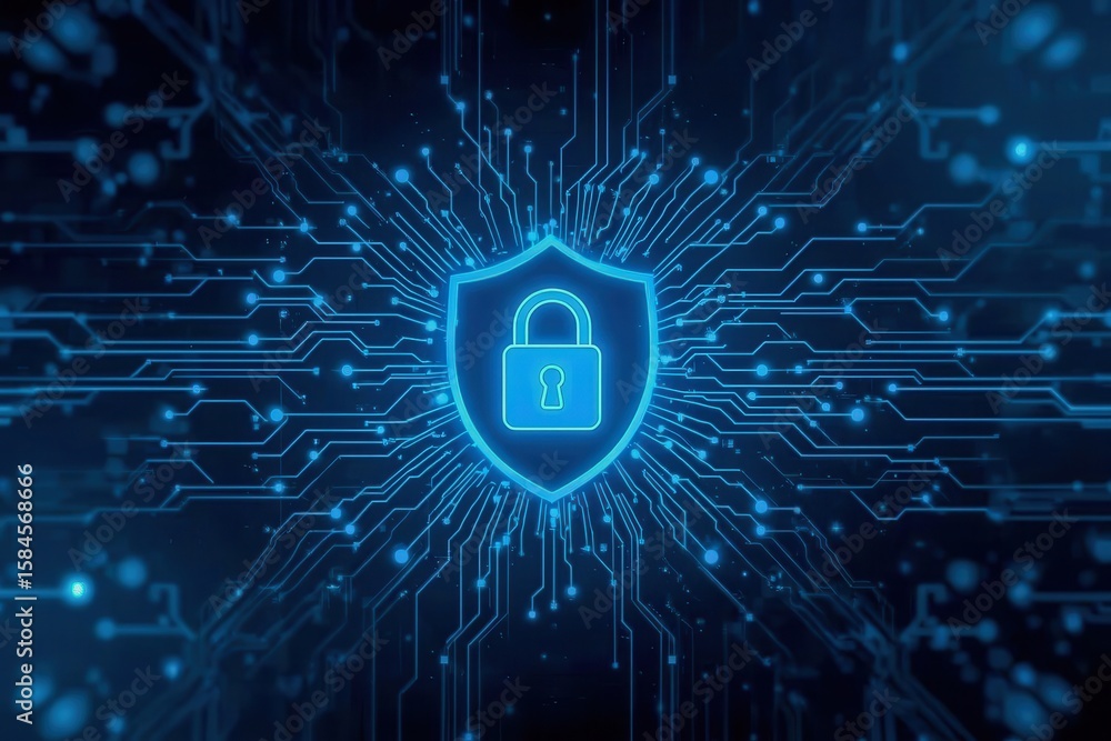Poster cybersecurity shield with a padlock icon protecting digital data with glowing blue circuit board lin