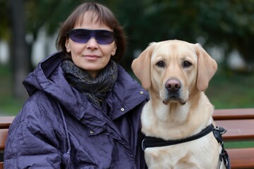 Blind woman with white cane and service dog in park sitting on the bench