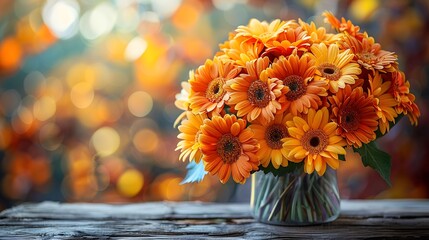 Bright Orange Flower Bouquet in Glass Vase on Rustic Table in Warm Sunset Light