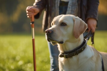 Blind woman with white cane and service labrador retriever dog in park