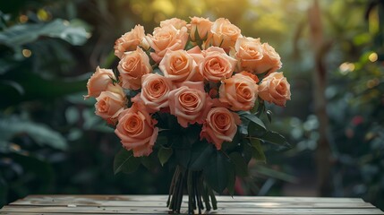 Peach Rose Bouquet Fresh Elegant Flowers in Glass Vase on Wooden Table in Garden