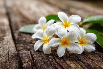 White plumeria blooms on a weathered wooden table Focused shot