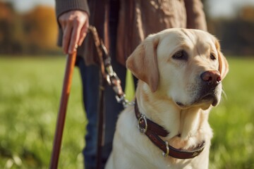 Blind woman with white cane and service labrador retriever dog in park