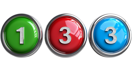 Three colorful buttons with numbers one and three are isolated on transparent background, representing choices, rankings, or game levels