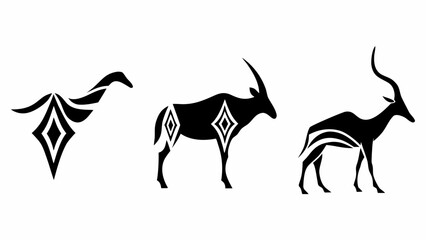 Three stylized black antelope figures with diamond patterns on a white background design art