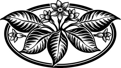 Black and white floral arrangement with oval border featuring leaves and flowers design element