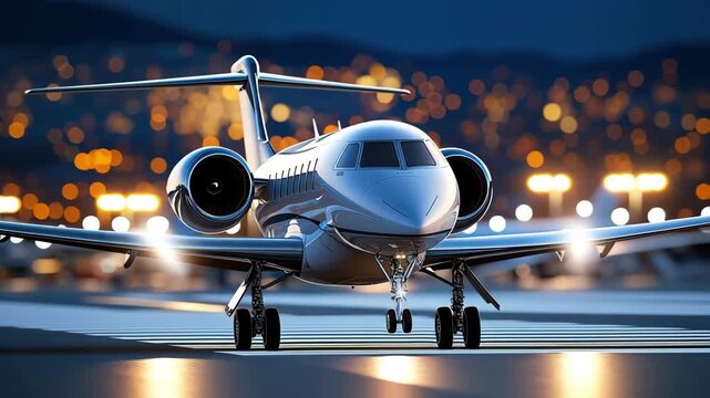 Private jet airplane runway night lights airport travel luxury sleek modern aviation flying aircraft landing with city lights glowing during evening