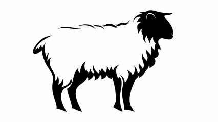 Silhouette of a sheep standing sideways with fluffy wool and dark head and legs on a white background
