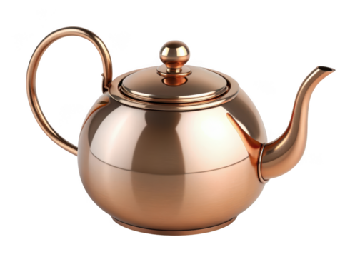 A polished copper teapot with a rounded body and curved handle isolated on transparent background