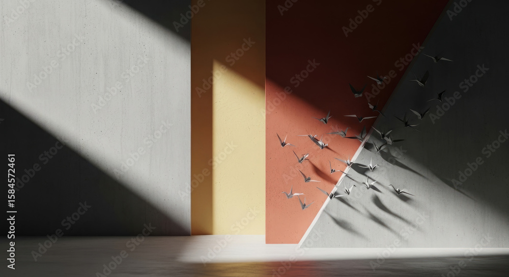 Poster sunlight streams into a minimalist room, illuminating a flock of birds in flight against a colorful 