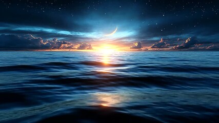 Serene sunset over calm ocean waves with stars - Powered by Adobe