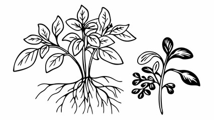 Illustration of two plants with roots and leaves in black and white outline drawing style vector image