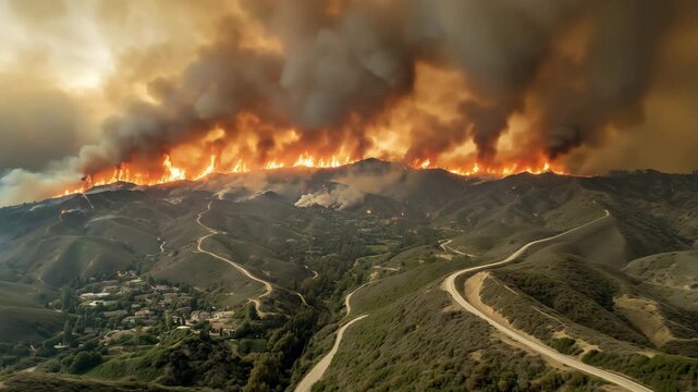 Wild Fire On The Ridge Above A Valley Community