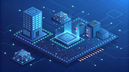 Naklejka premium Isometric vector city buildings on an abstract technology circuit board background, illustrating urban design and modern computer industry architecture