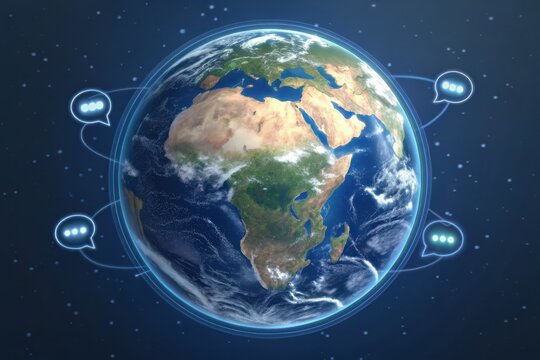 Stunning Earth Hologram Render Surrounded by Communication Bubbles in Deep Space Background