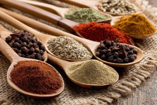 Wooden spoons with a variety of spices on burlap