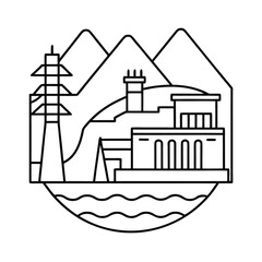Hydroelectric Power Station In Mountain Region Generating Renewable Energy vector line art on white background