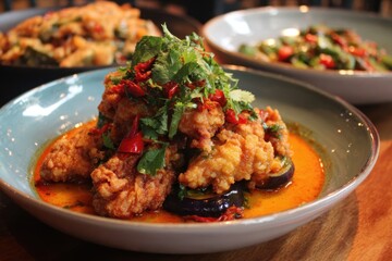 Spicy hot fried chicken and red curry featuring Thai eggplant and green coriander