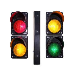 Trio of vertical Traffic Lights Displaying on isolated transparent cutout PNG Background