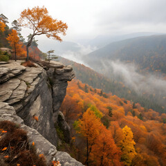 Sharp rocky cliff overlooking a forest of orange trees, with vibrant autumn colors and a clear sky, creating a striking natural view.