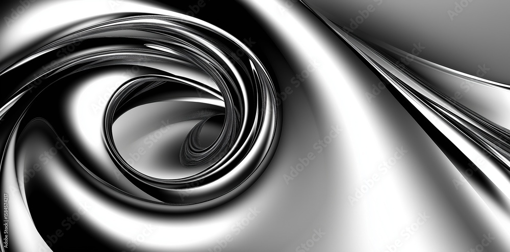Poster abstract silver spiral with shiny chrome metal texture featuring sleek curves and reflective surface
