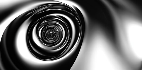 Abstract black and white spiral with shiny chrome metal texture and reflective light effects for modern artistic background or wallpaper design
