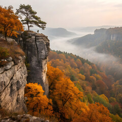 Sharp rocky cliff overlooking a forest of orange trees, with vibrant autumn colors and a clear sky, creating a striking natural view.