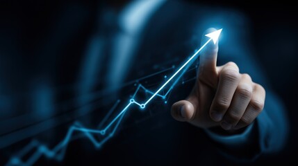 Businessman interacting with growth arrow on virtual screen showing rising graph for business strategy and financial success