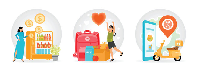 Vending Machine. Kids Lunch Box. Food Delivery Service.