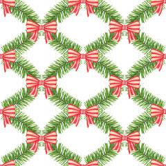 Christmas tree garland with striped bows seamless pattern. Hand drawn background for textile, packaging spicy, wrapped festive papers, scrapbooking
