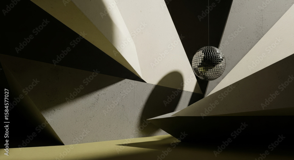 Poster abstract grayscale geometric forms create a dynamic, shadowed composition, centered around a reflect