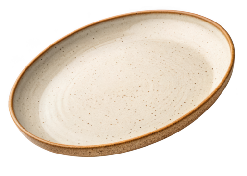 Rustic speckled oval ceramic plate with a brown rim isolated on transparent background