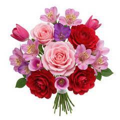 Obraz premium A vibrant bouquet of pink and red roses and purple flowers isolated on transparent background