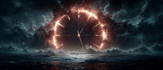 A glowing clock face amidst stormy clouds over a dark ocean, representing the ticking clock deadline