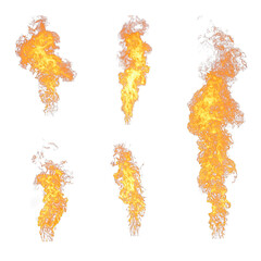 Six Fiery Flames Against a Black Background: A Collection of Isolated Fire Images for Design and VFX