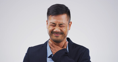 Businessman, sore throat and virus with pain in studio, burnout and tired with flu on white...