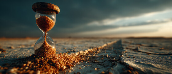 Hourglass in desert landscape symbolizing countdown and deadline with ticking clock running out