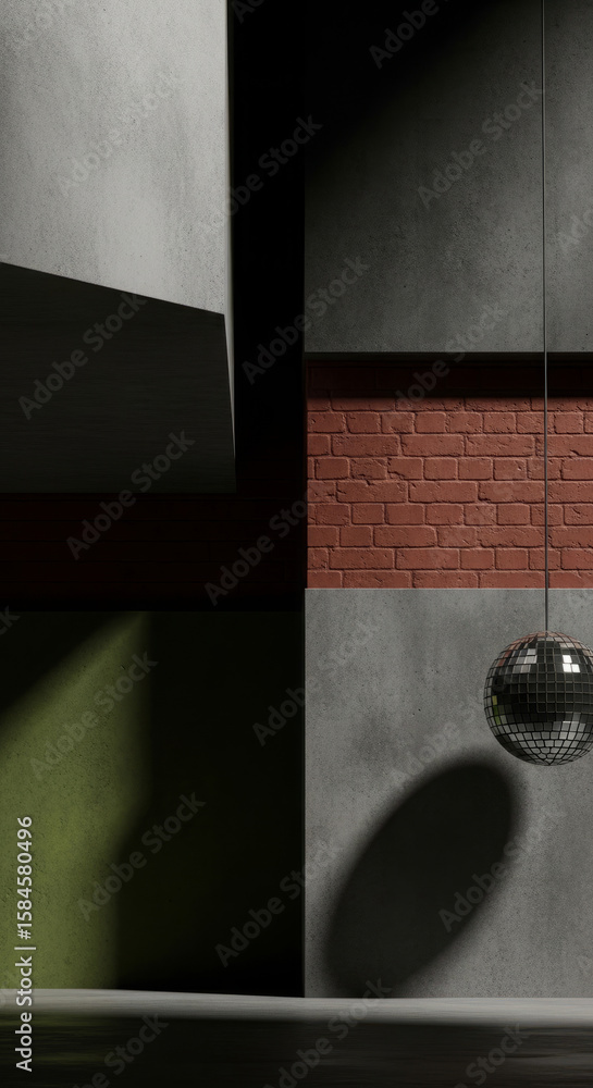 Poster geometric composition featuring a reflective sphere and abstract architectural elements.