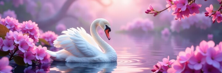 Fototapeta premium Graceful swan amidst vibrant pink & lilac hydrangeas & foliage Soft lilac backdrop , wildlife, design