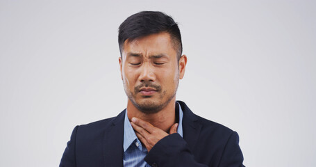 Businessman, sore throat and illness with pain in studio, burnout and tired with flu on white...
