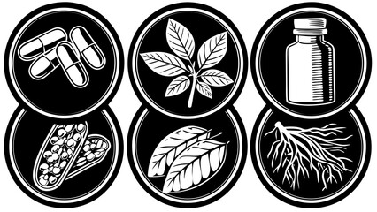 Illustration showing capsules, seeds, leaves, roots, and a bottle in a black and white circular design