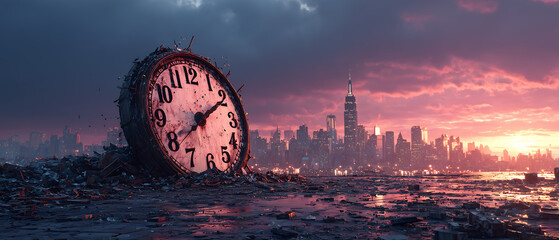 A broken clock face lies amidst rubble with a city skyline silhouetted against a dramatic sunset sky
