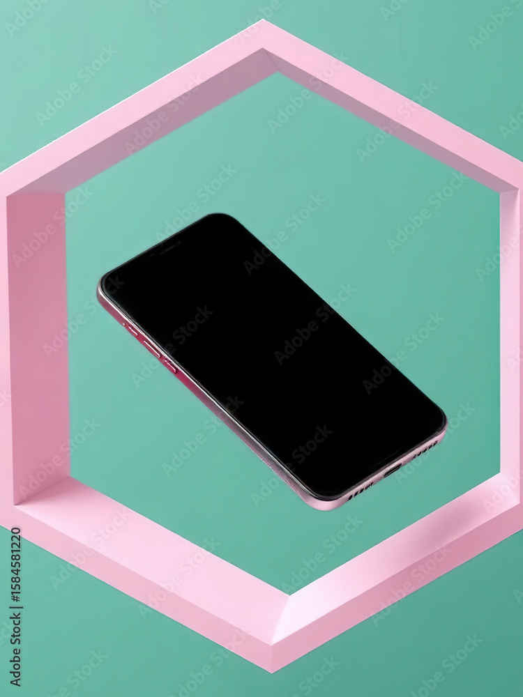 Poster modern smartphone with sleek black screen is displayed inside pink hexagonal frame against green bac