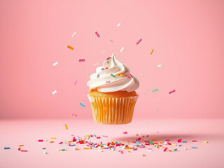 Delicious vanilla cupcake with creamy white frosting and colorful sprinkles floating against pink background