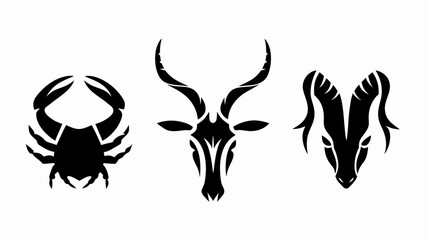 Illustration of a crab, an antelope, and a ram in black silhouette against a white background