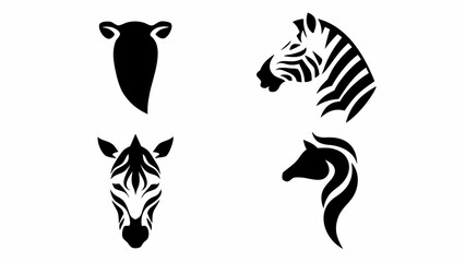 Four animal heads in black silhouette on white background showing zebra and horse variations design