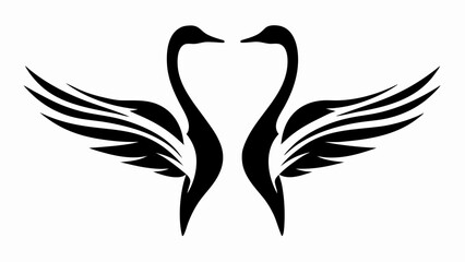 Two swans facing each other with wings spread forming a heart shape in black and white design © Ijaz