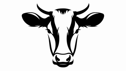 A black and white graphic illustration of a cow's head with horns and large ears facing forward view