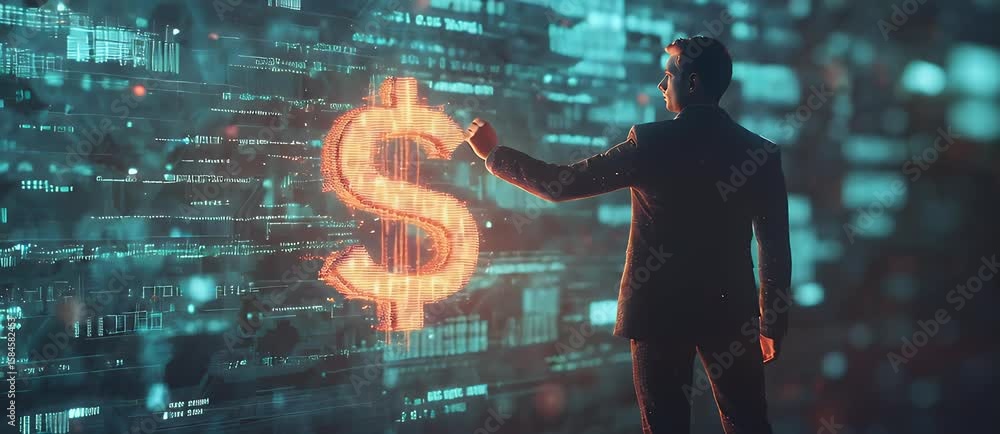 Poster man in suit interacts with glowing dollar sign projection amid digital data abstract background.