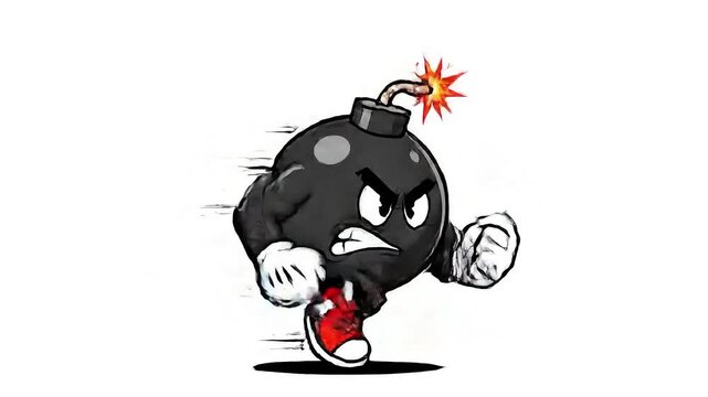 A cartoon bomb mascot character running with a lit fuse.